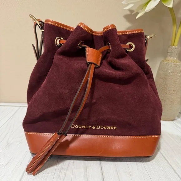 Dooney & Bourke Burgundy Suede Leather Drawstring Bucket Shoulder Bag - Picture 2 of 13